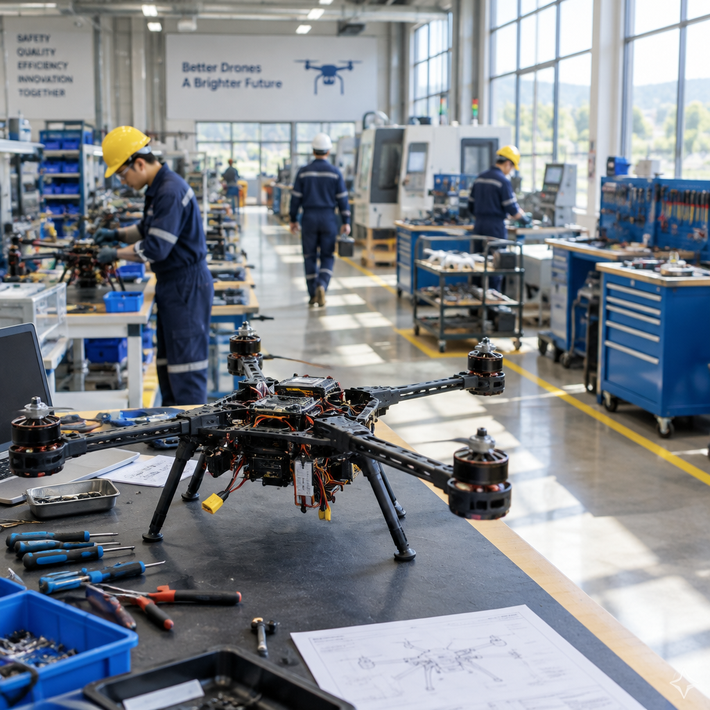 Technicians work on a partially assembled drone at a manufacturing facility.