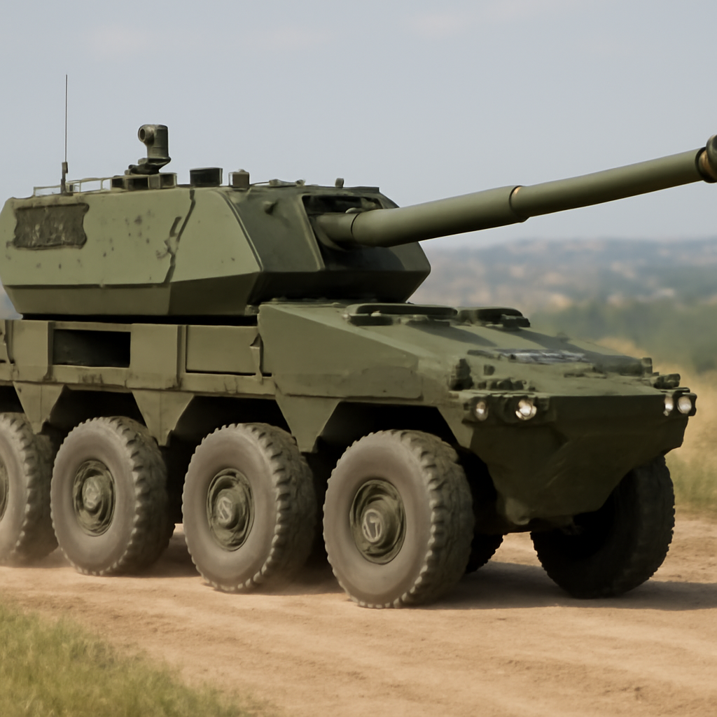 Mobile gun system with 105mm gun on eight-wheeled vehicle in outdoor setting.