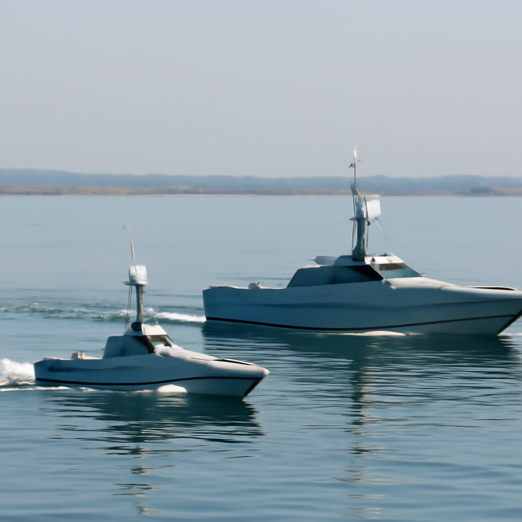 Two unmanned surface vessels operate in tandem in calm waters at Dapeng Bay.