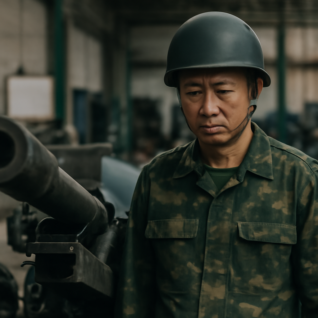Taiwanese military personnel stands beside partially assembled artillery equipment.
