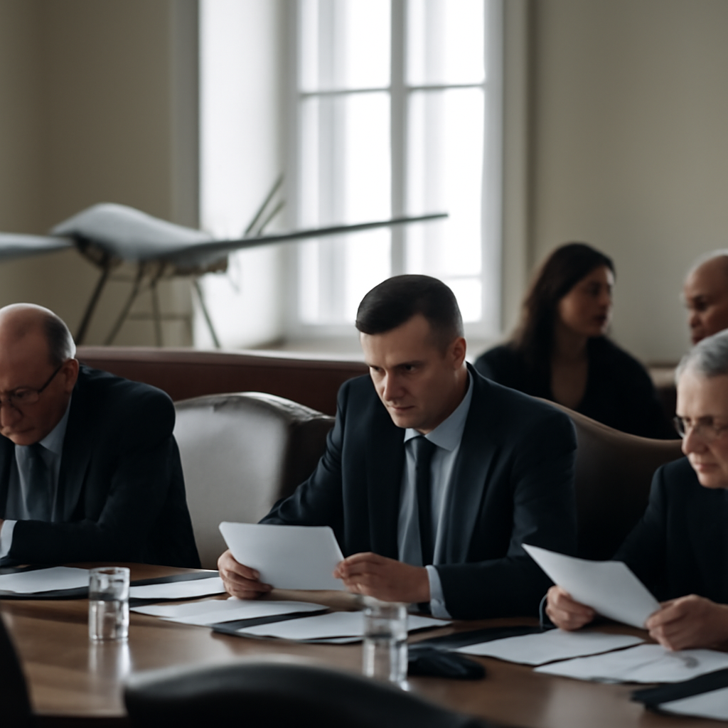 Officials discuss defense documents around a large table, with a blurred drone model in the background.