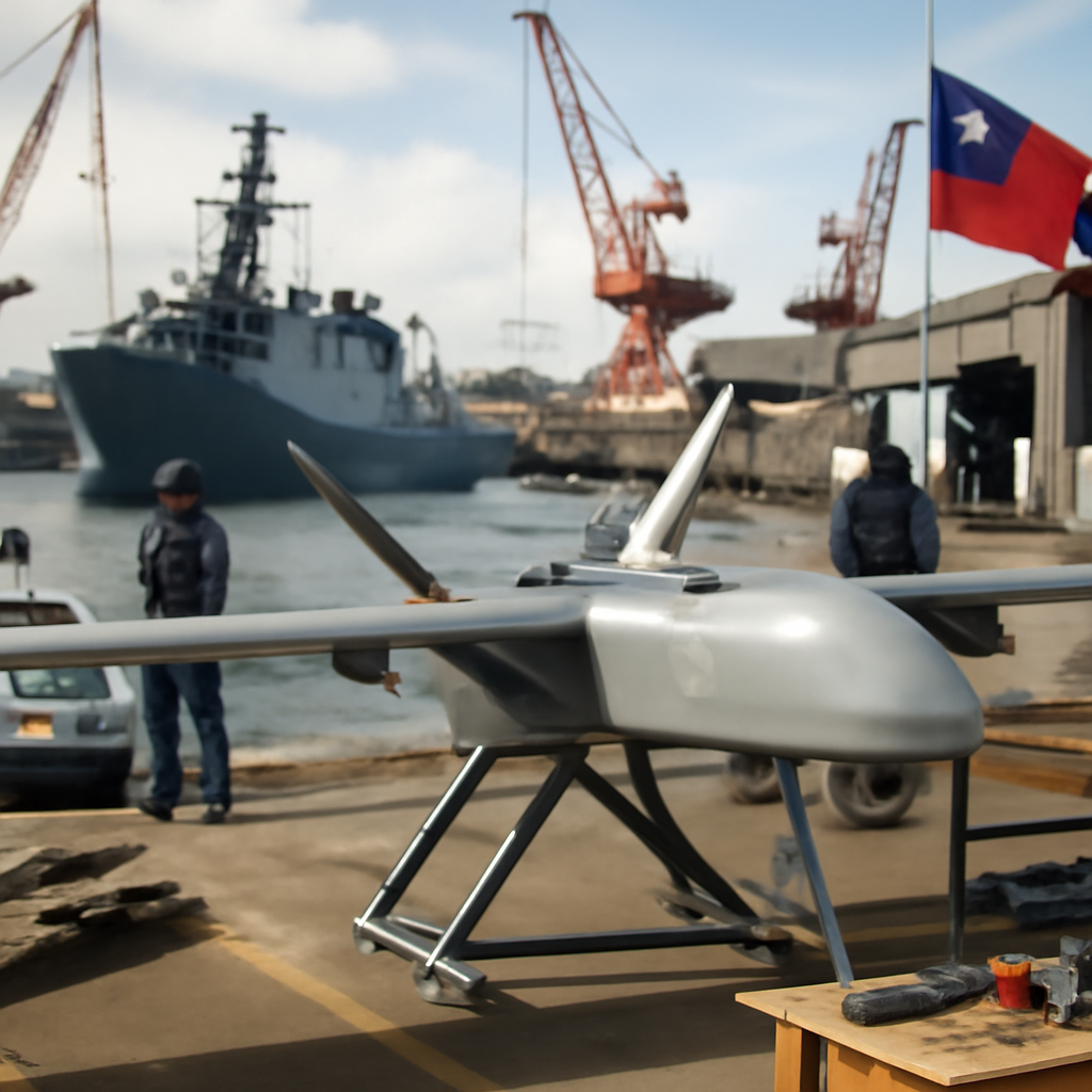Taiwanese shipyard with naval vessels under construction, symbolizing military expansion.