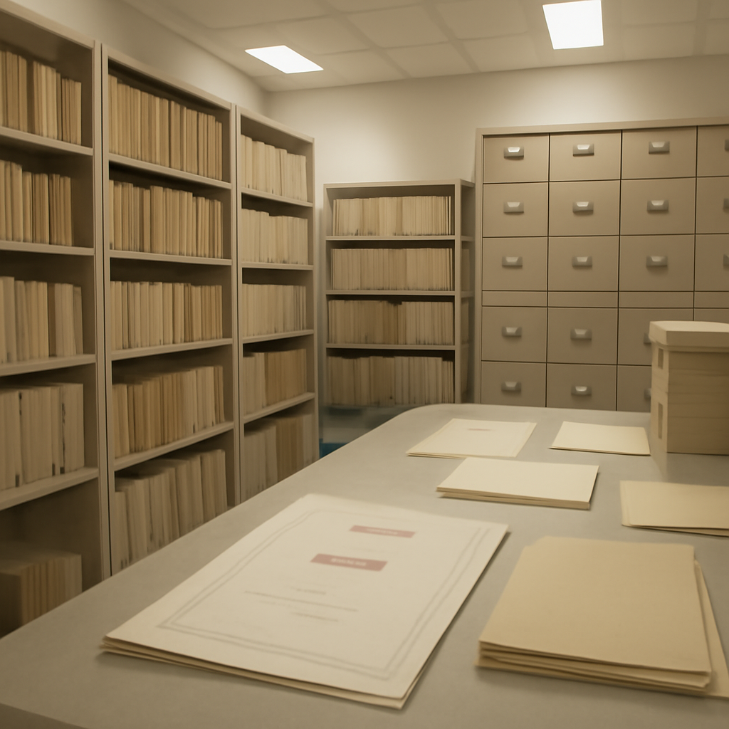 Rows of filing cabinets and shelves with documents and files in a softly lit government archive room.