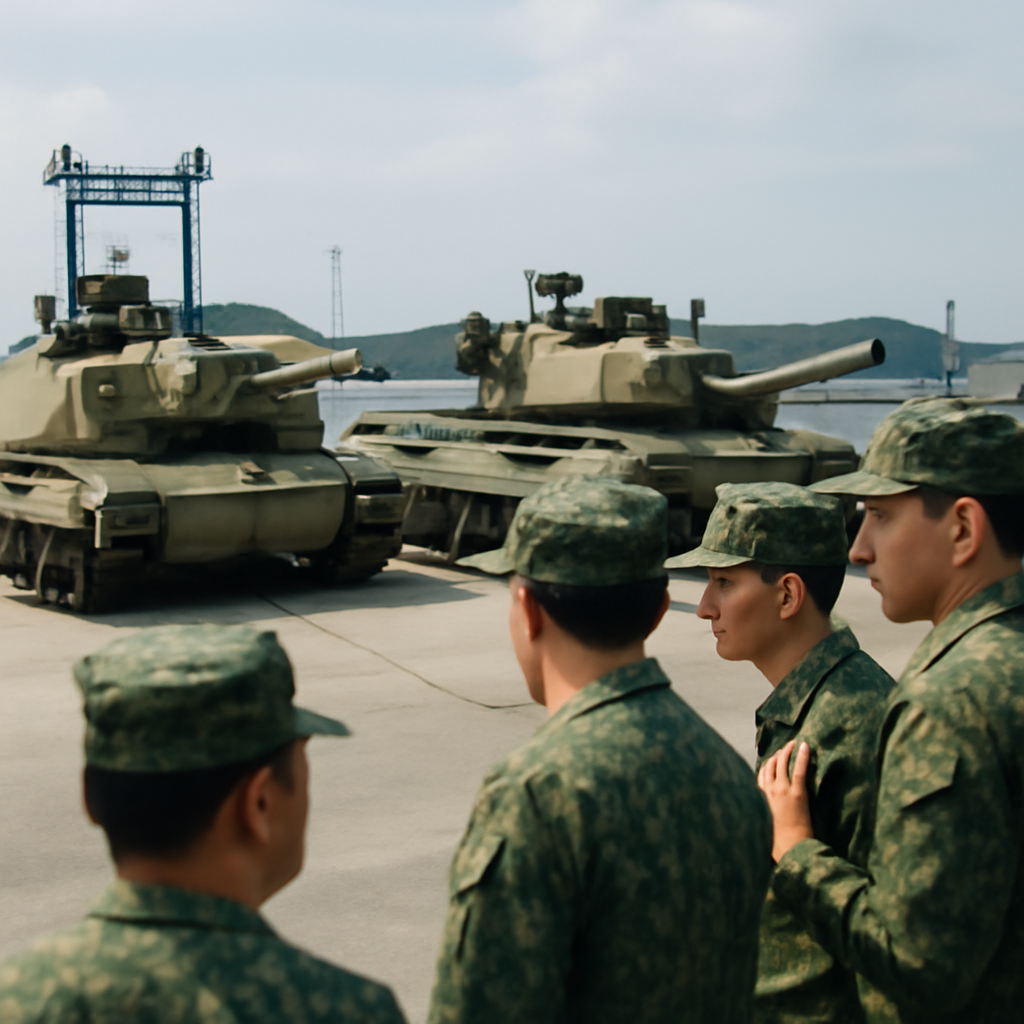 Taiwanese military personnel discuss or observe M1 Abrams tanks at a dock.
