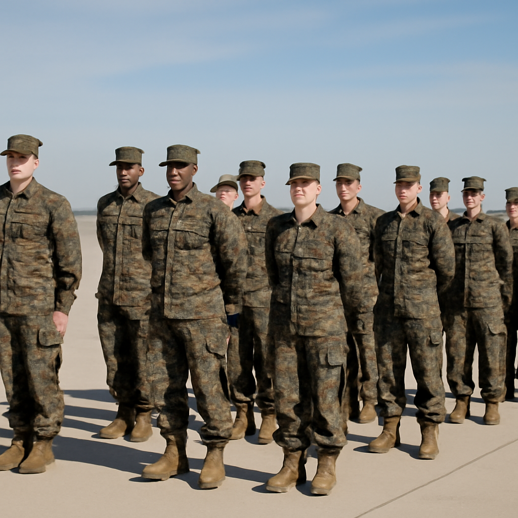 Military personnel stand at attention in a formation near an airfield under a clear daytime sky.