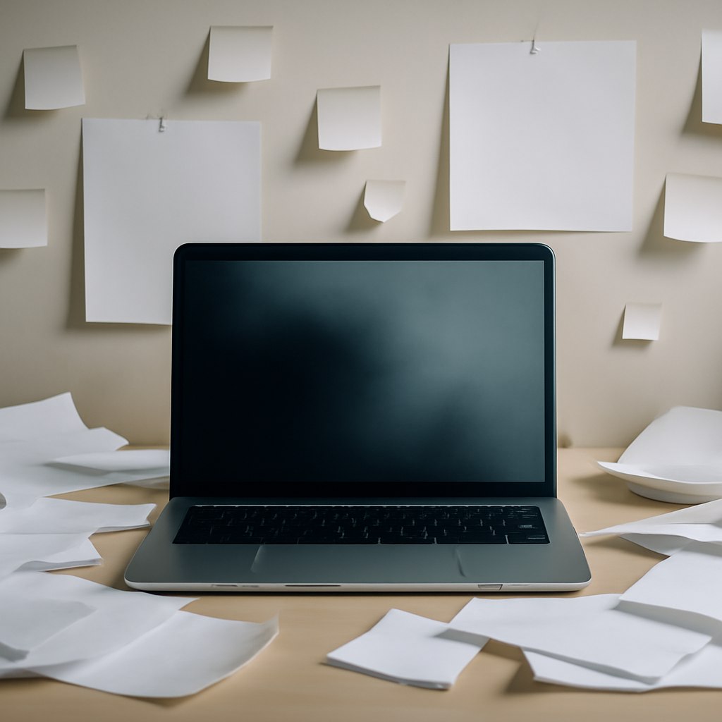 Laptop workstation with blank screen, surrounded by papers and notes in a neutral-colored room.