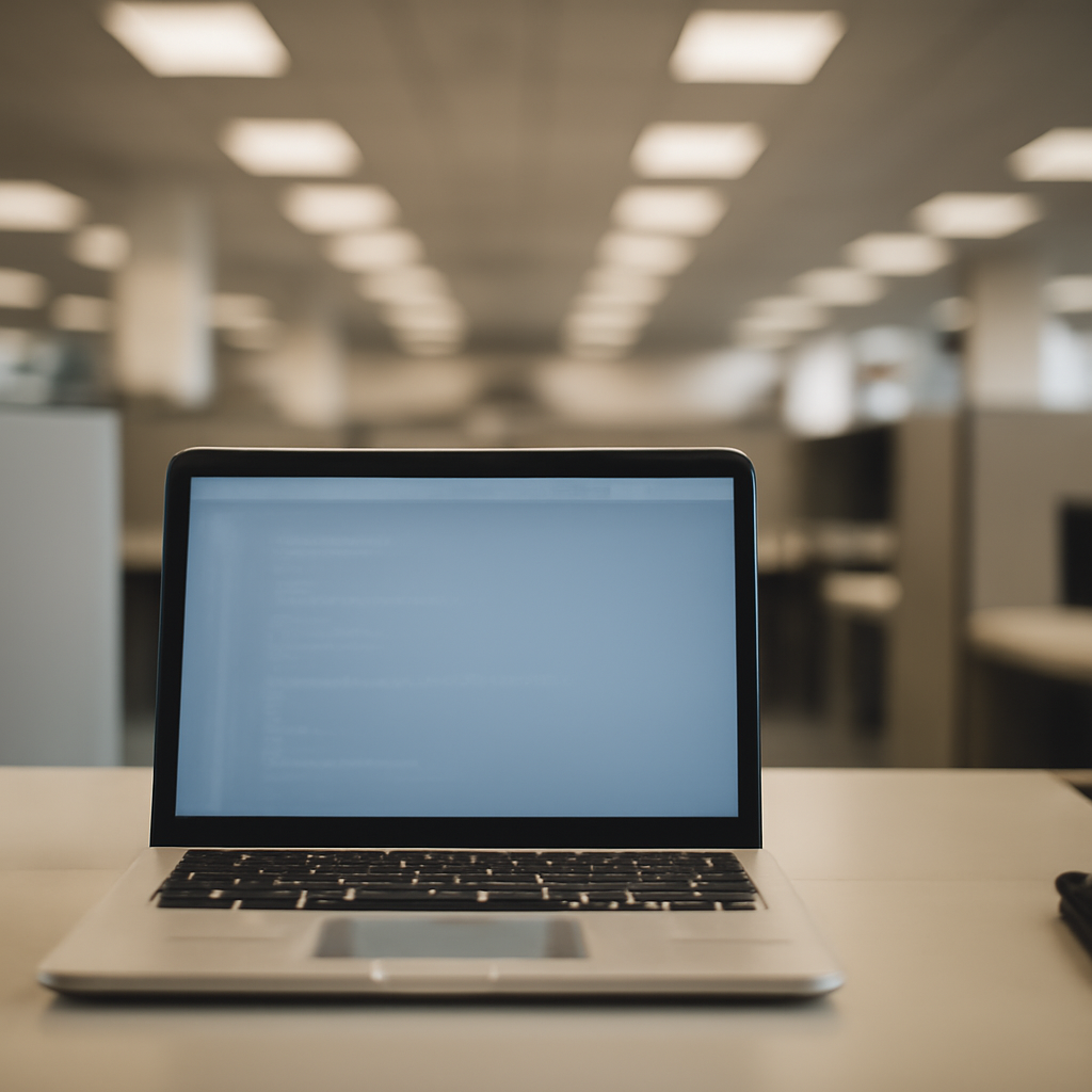 A laptop on a simple desk in a corporate office with a blurred background of cubicles and a hint of a coding workspace on…