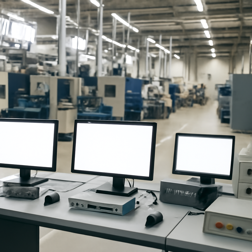 Manufacturing floor with industrial equipment and computer workstations.