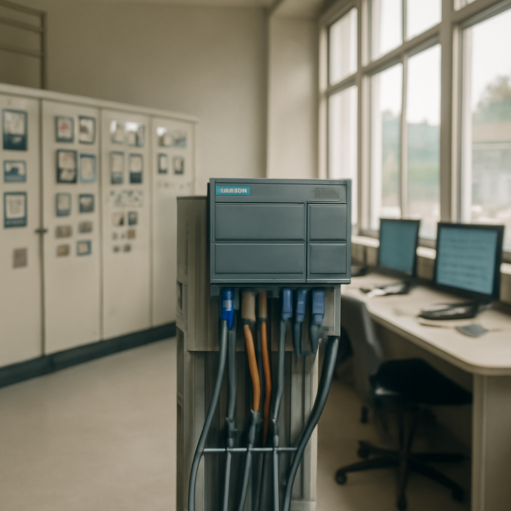 Control room of a water treatment plant with industrial panels and a Siemens-style programmable logic controller.