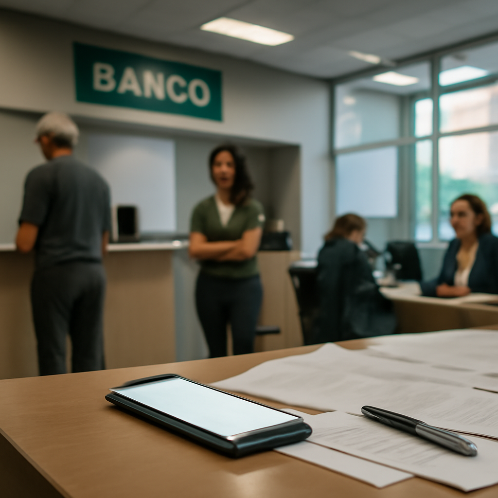 Brazilian bank interior with customers and staff, smartphone in foreground.
