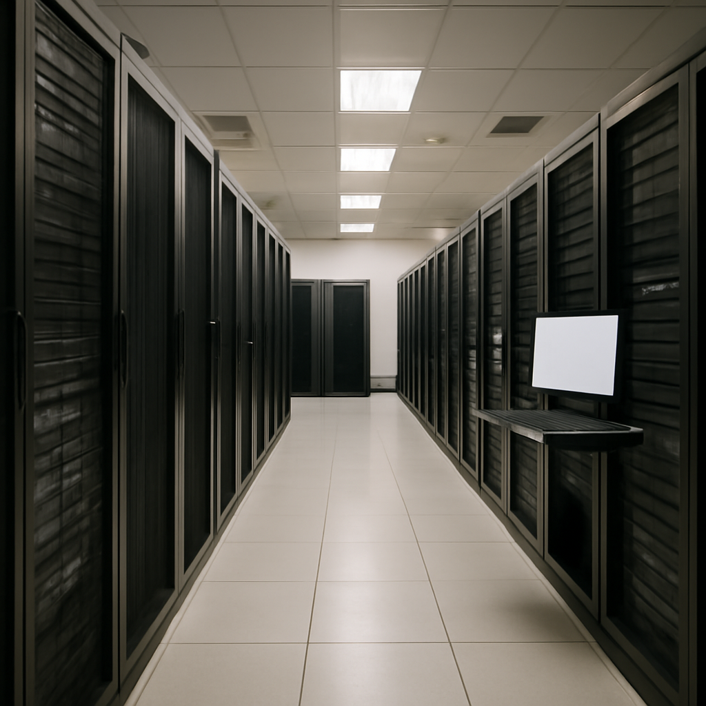 Rows of computer servers and equipment in a well-lit server room or data center.