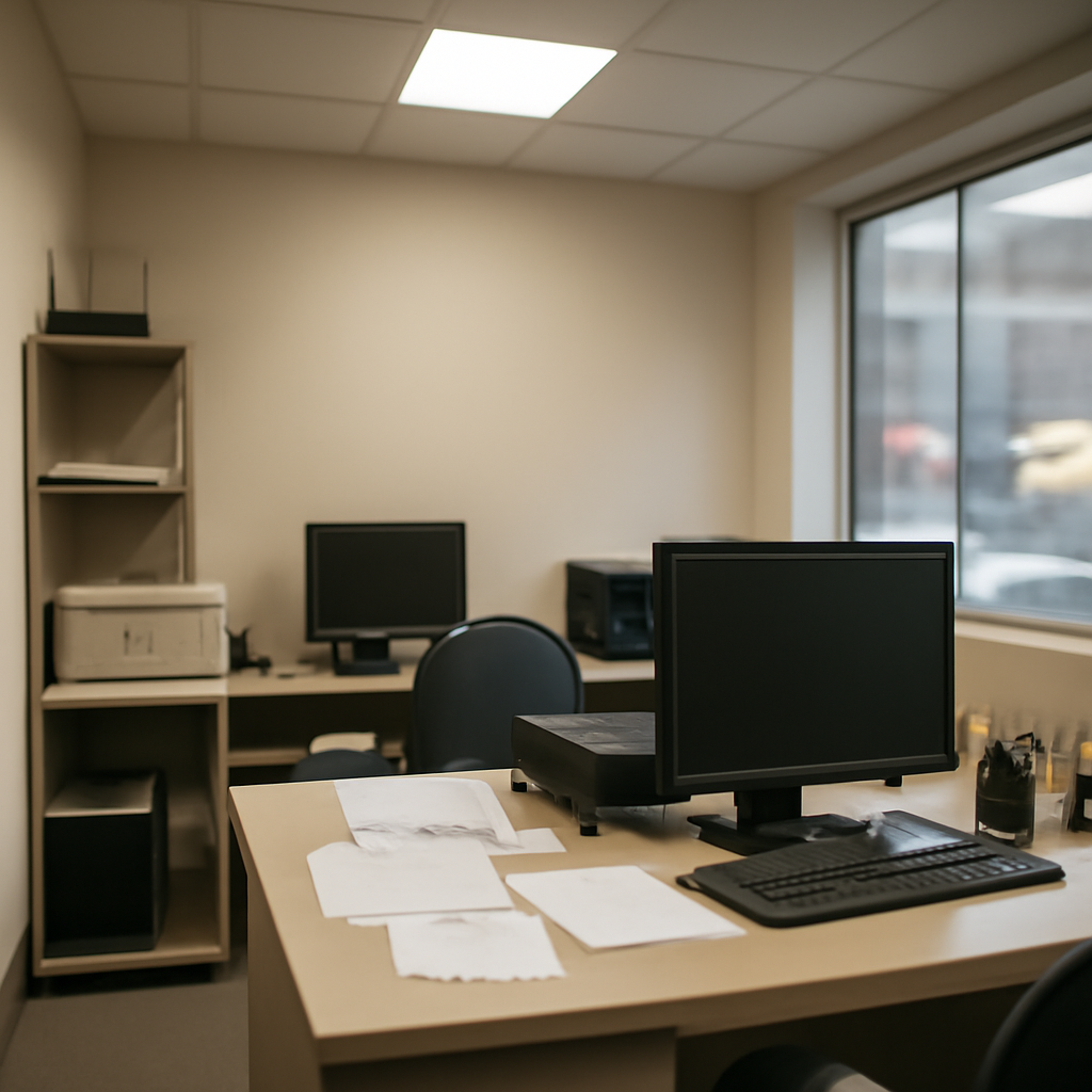 Back office with computers and office equipment near a window overlooking a cityscape.