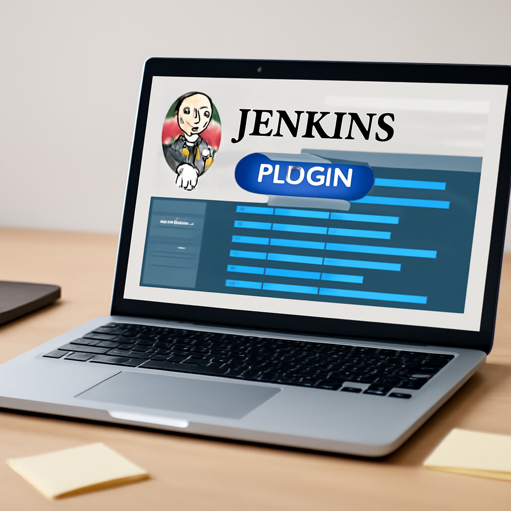 Laptop screen displays Jenkins plugin interface with code environment, beside blurred smartphone and sticky notes.