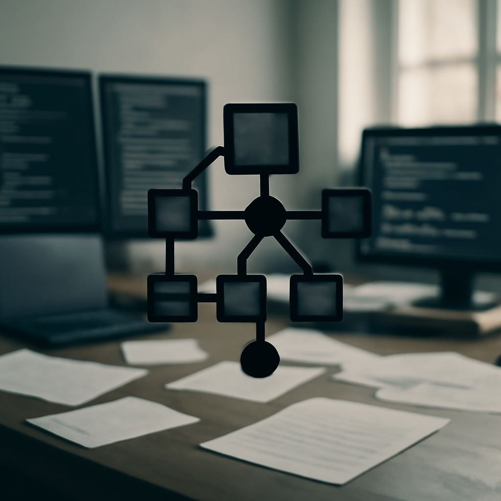 Brightly-lit coding workspace with interconnected nodes in the foreground.