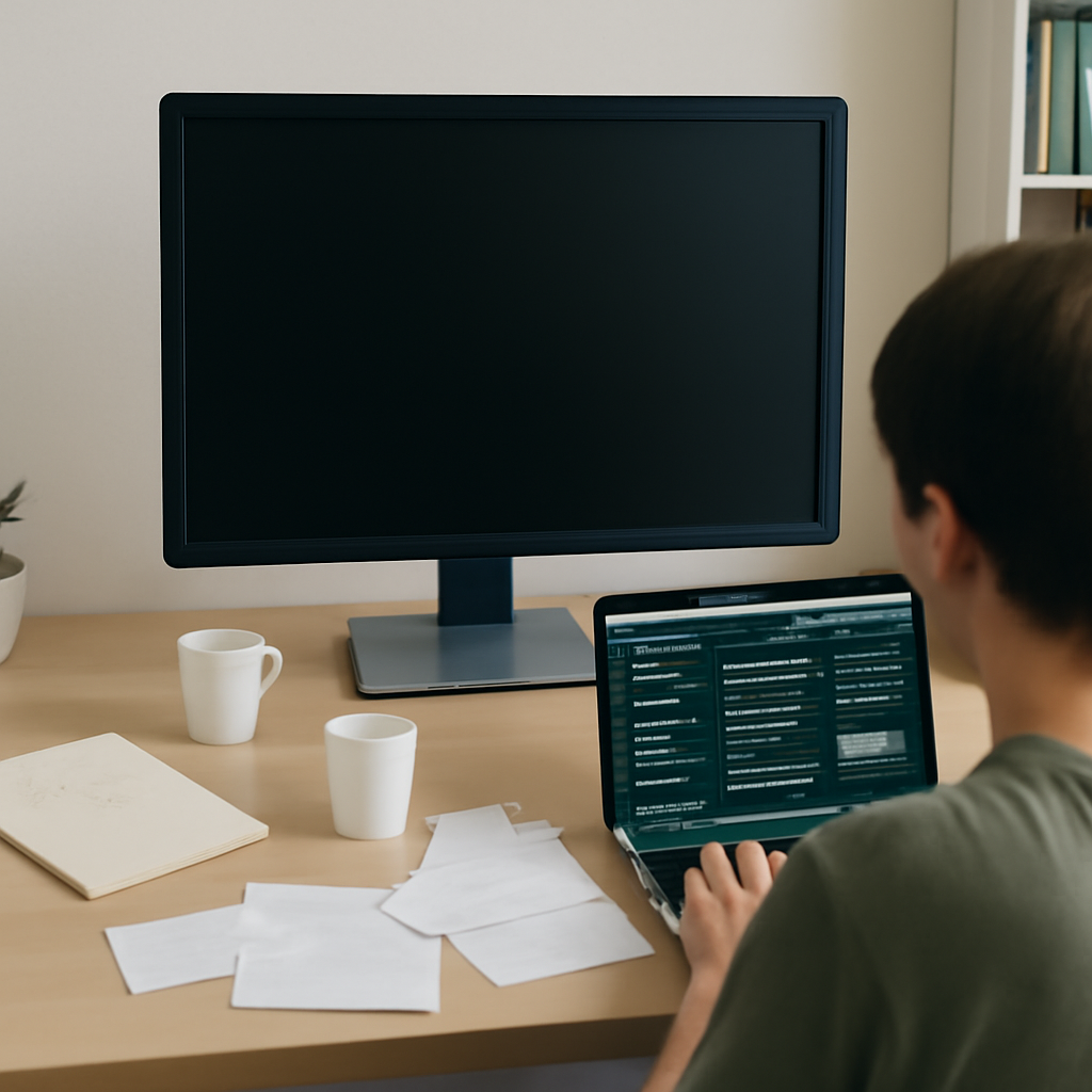 Person working on laptop surrounded by notes in neutral room.