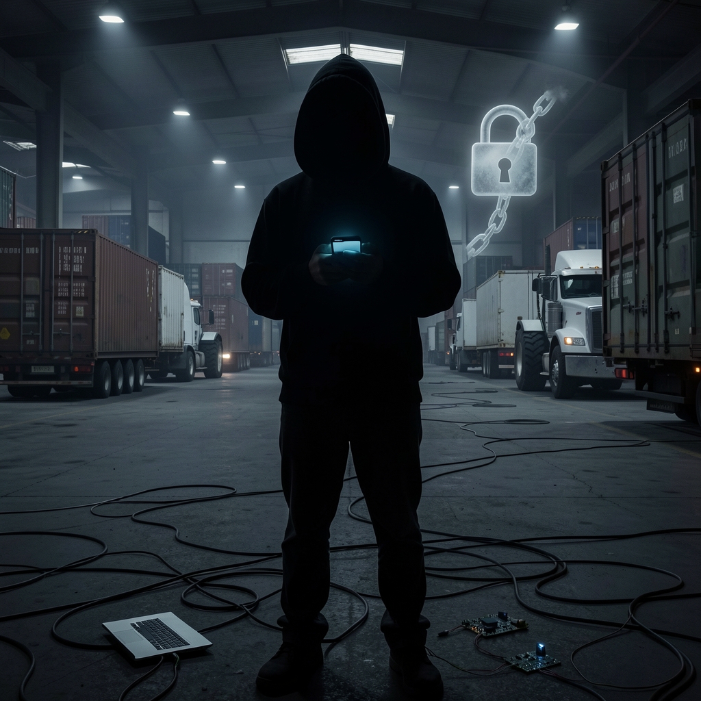 Shadowy figure in a hoodie amidst industrial complex with glowing laptop screens and cables.