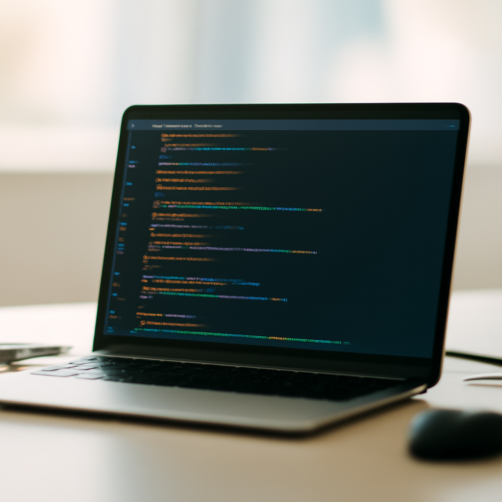 Computer screen displaying lines of code with scattered papers nearby.