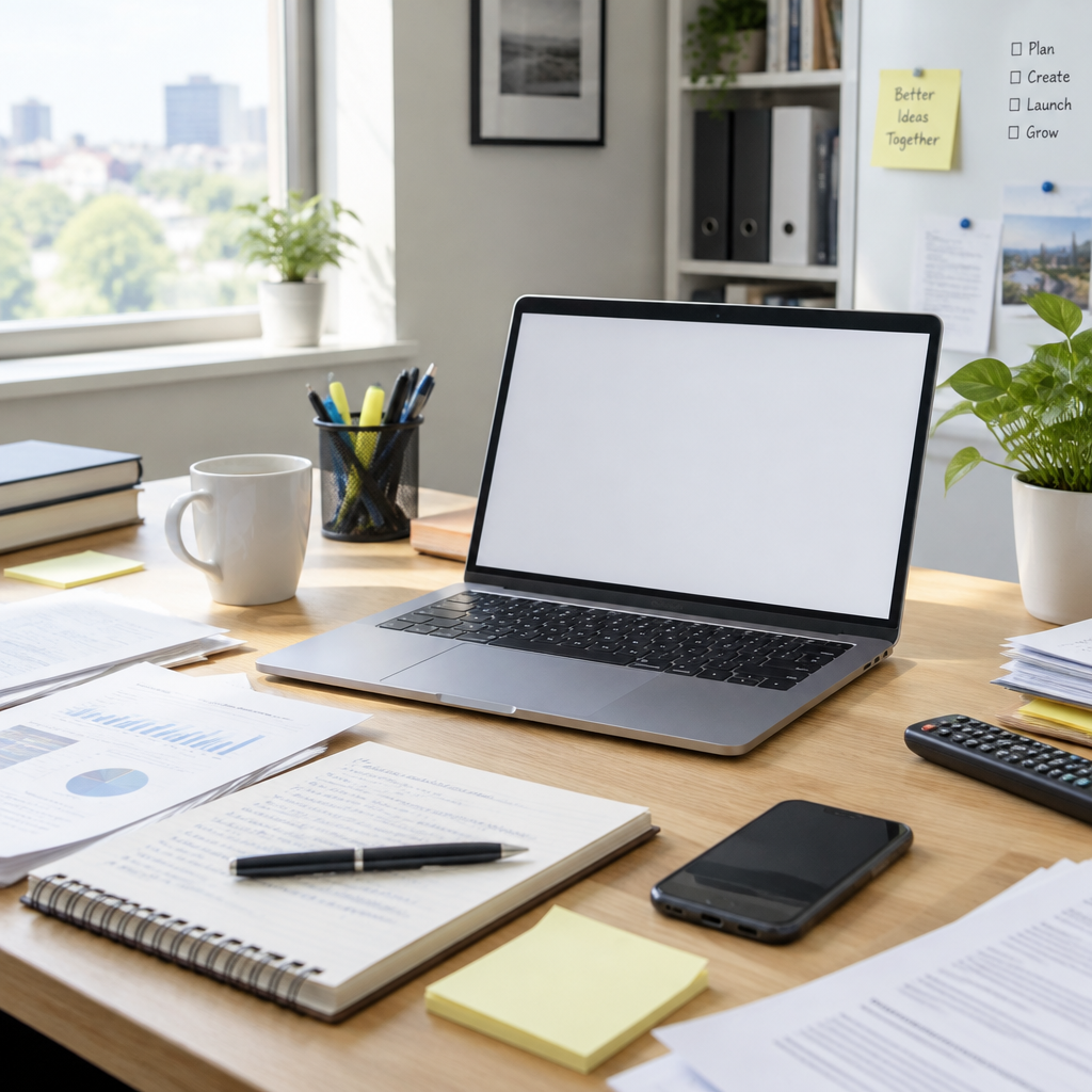 Cluttered office desk with computer, papers, and mobile devices.