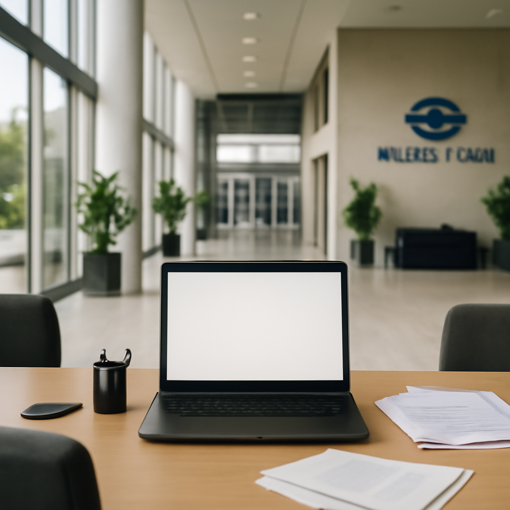 Modern office space with tech logo and computer workstation.