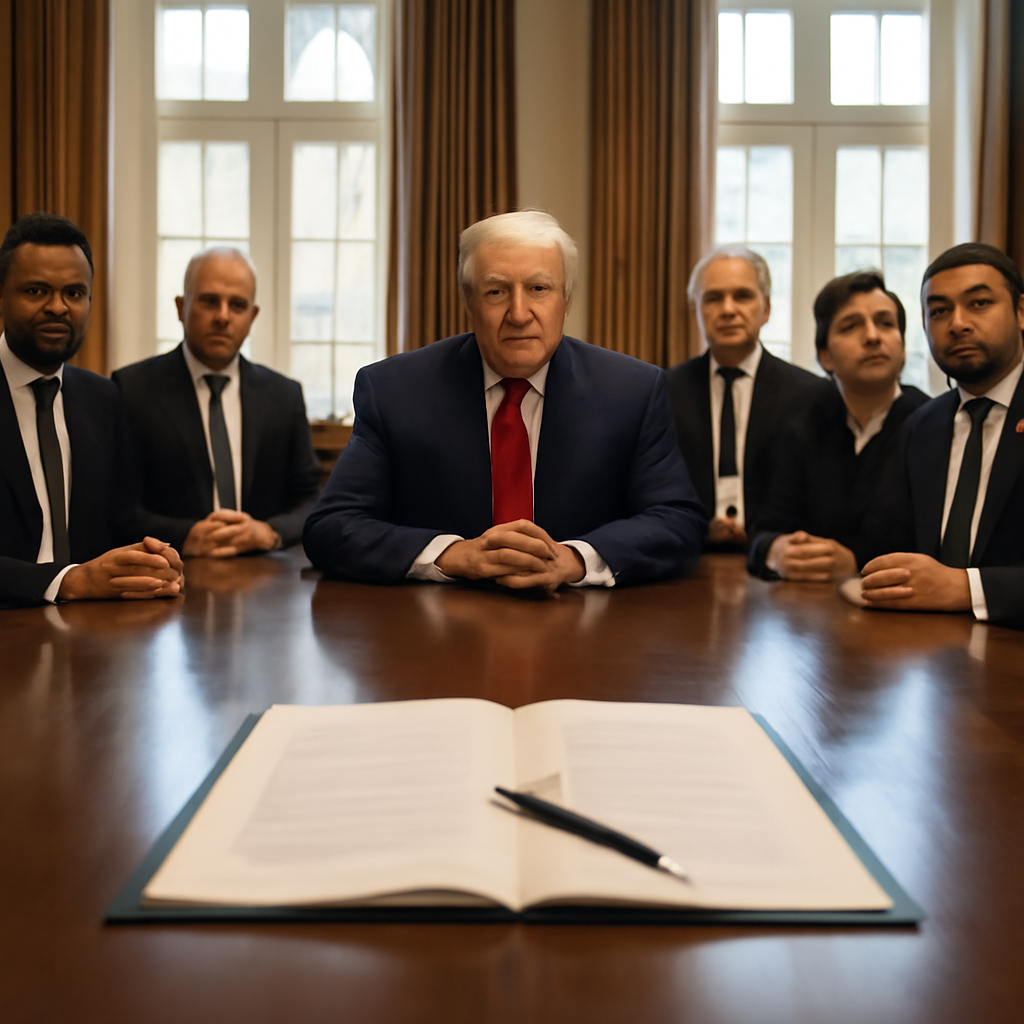Formal meeting room with a large wooden table, high-backed chairs, and a document with a pen, lit by natural daylight from…