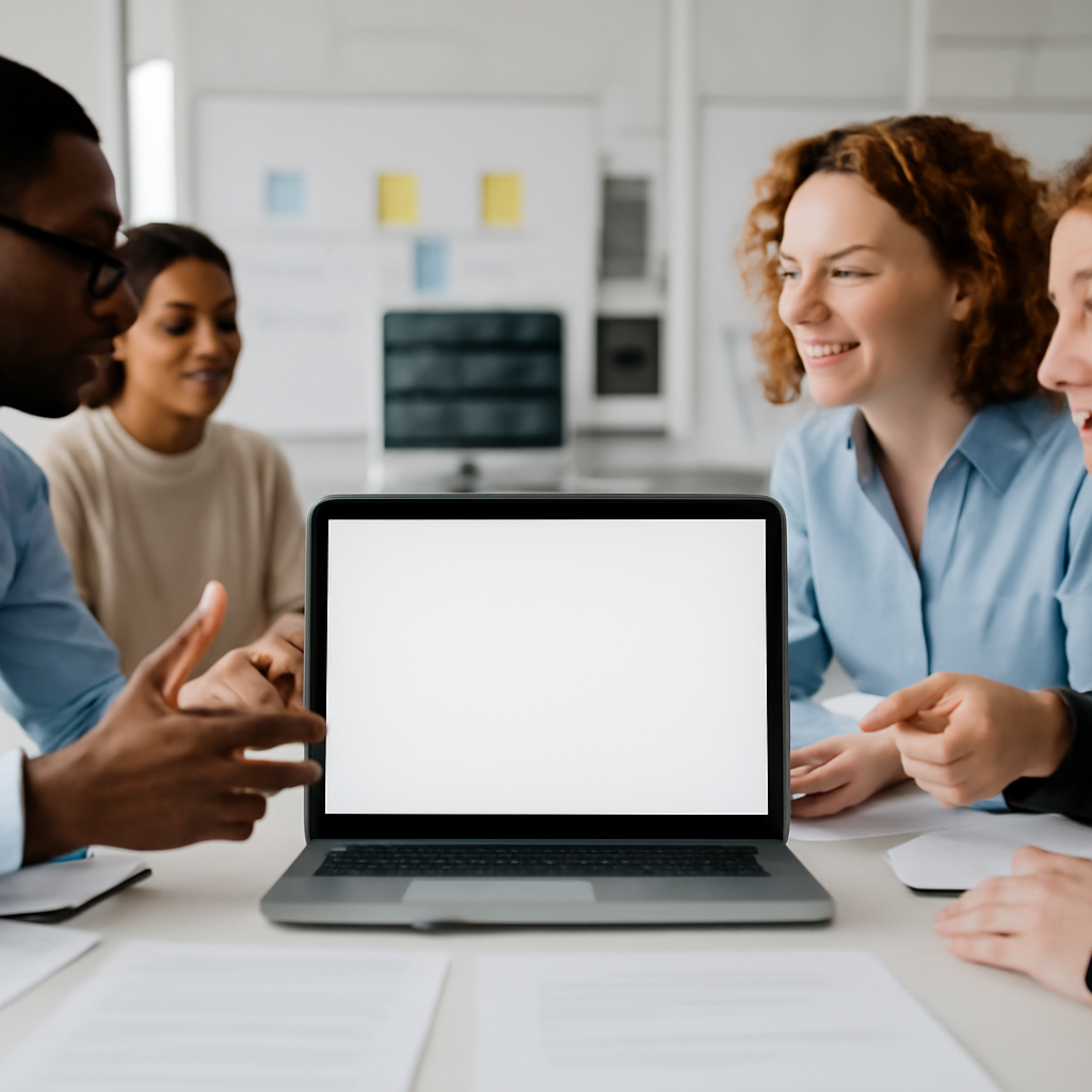 Diverse group collaborates around a blank laptop screen in a modern conference room.
