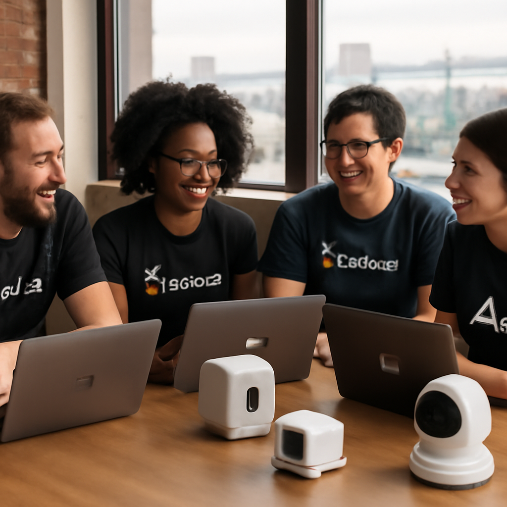 Diverse tech professionals collaborate around a table with laptops and AI equipment overlooking a cityscape.