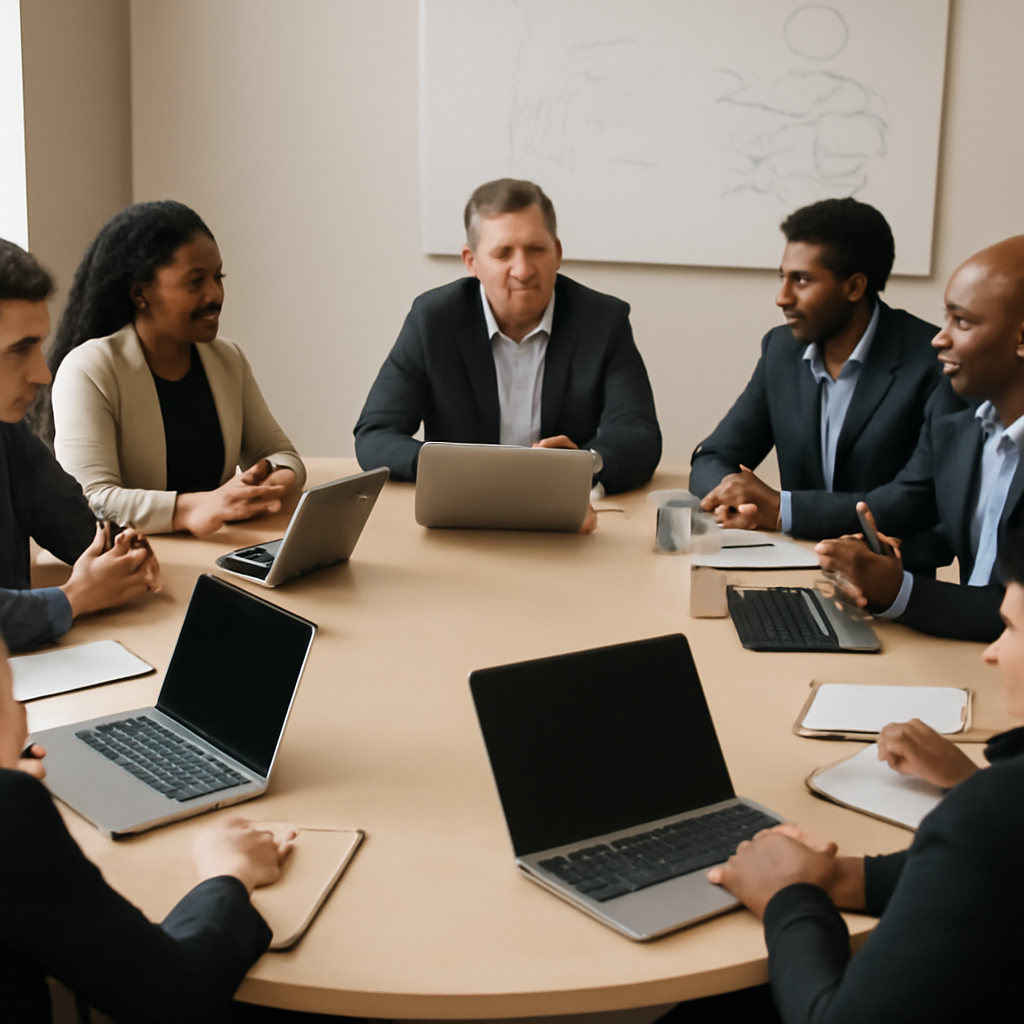 Diverse tech professionals gather around a circular table in a minimalist conference room.