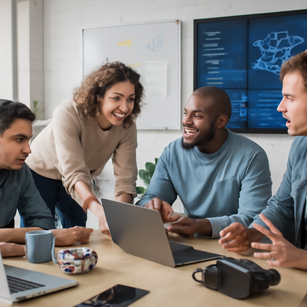 Diverse group of people collaborate in modern office with laptops and tech devices.