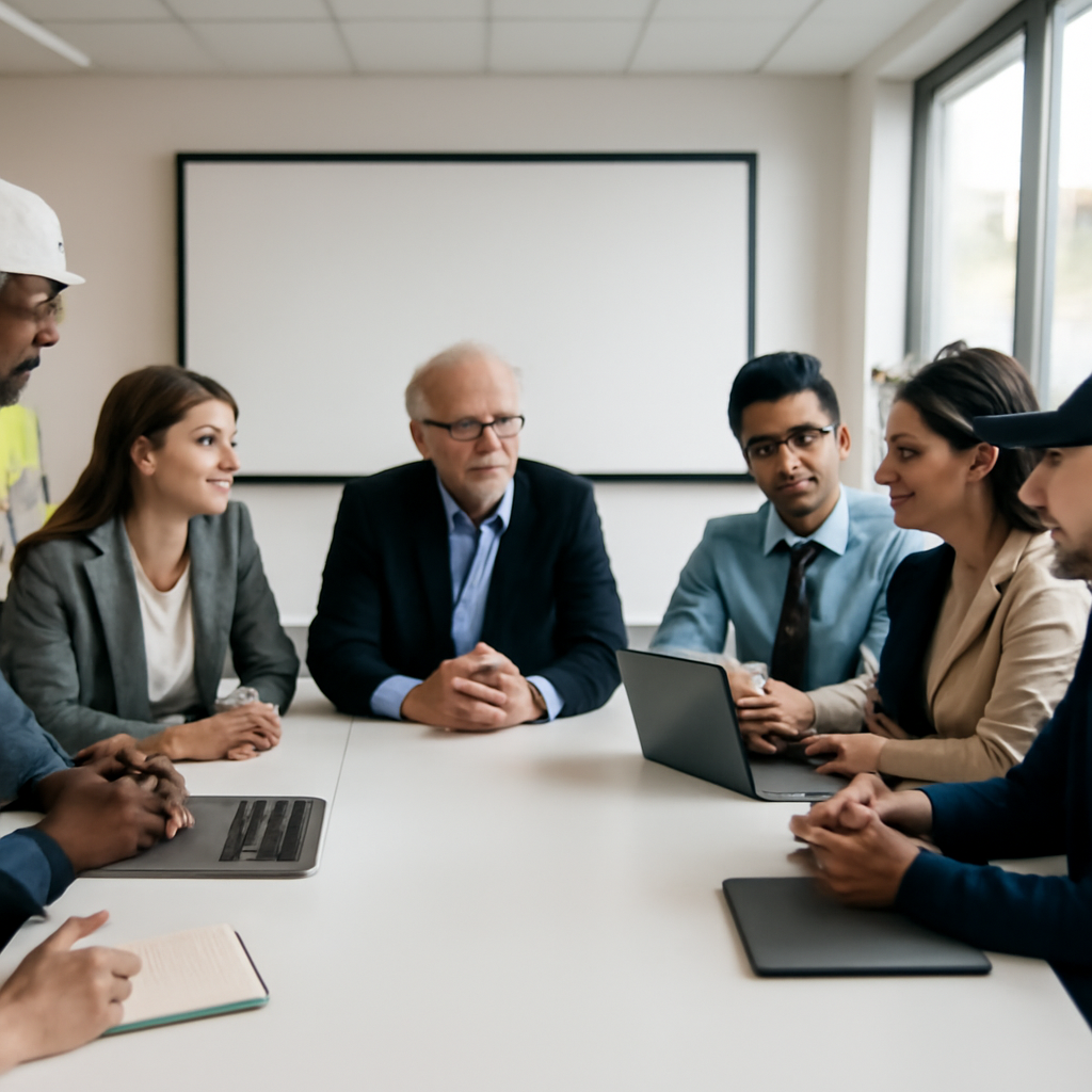 Diverse professionals from tech, finance, and cybersecurity discuss and review information on a large screen in a modern…