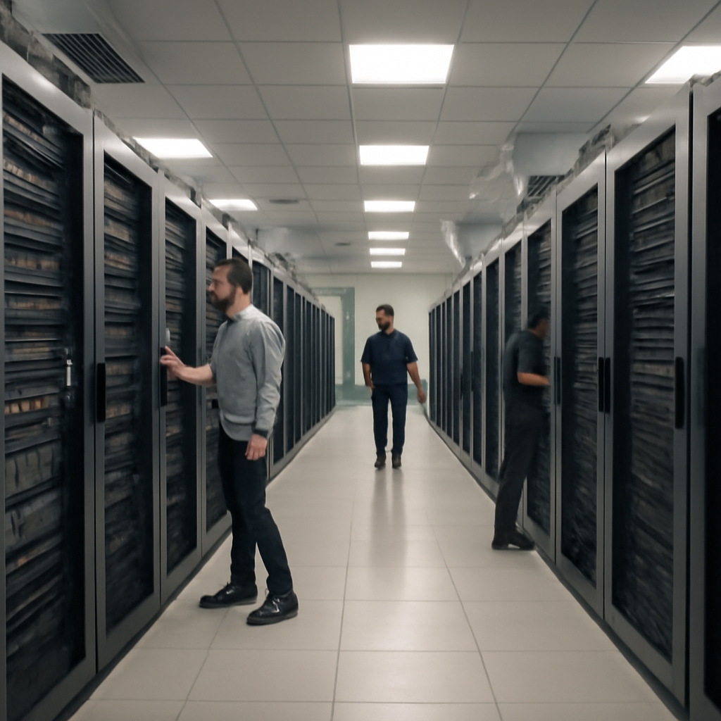Rows of computer servers and networking equipment in a modern data center with technicians in the background.