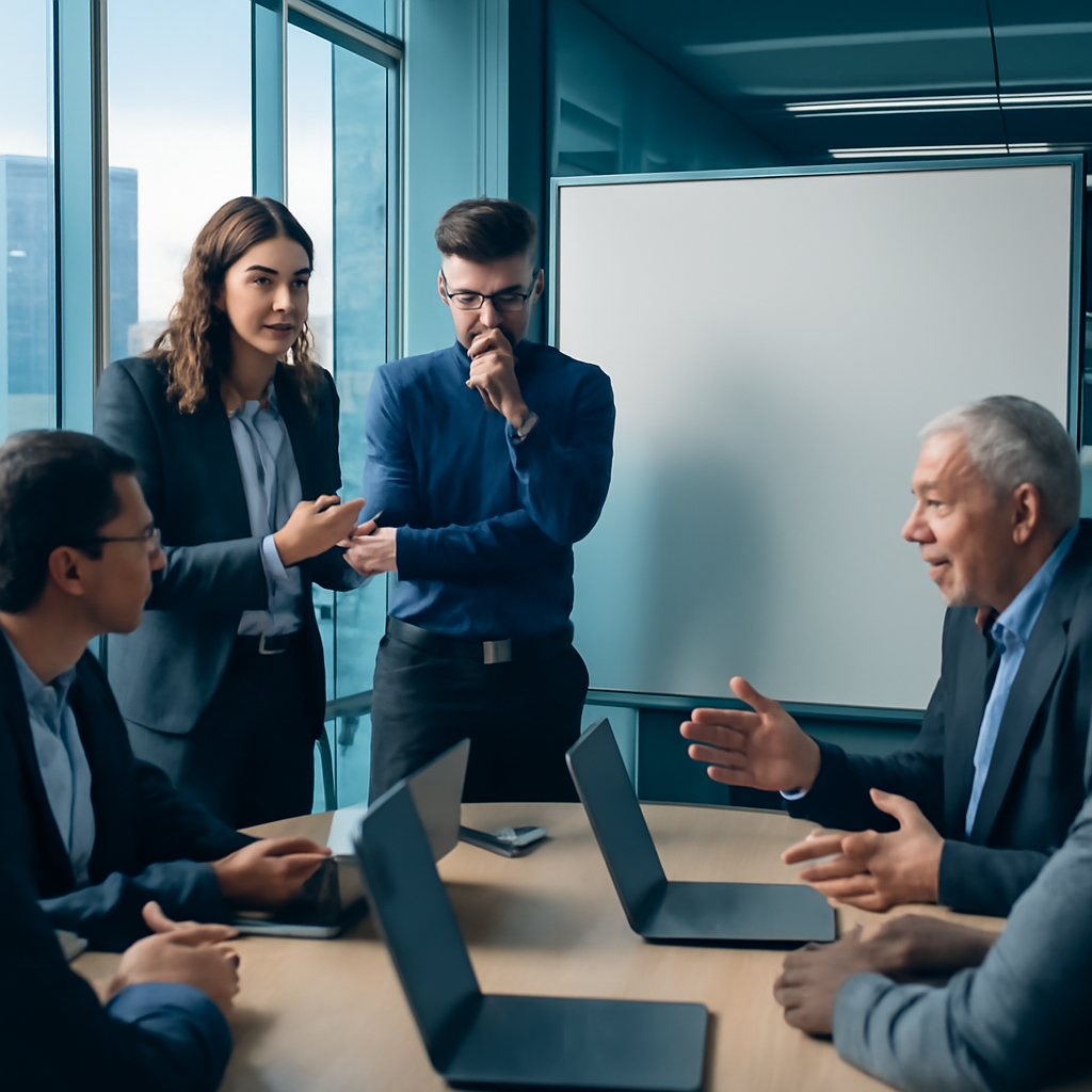 Professionals in tech and cybersecurity gather at a headquarters overlooking a cityscape.