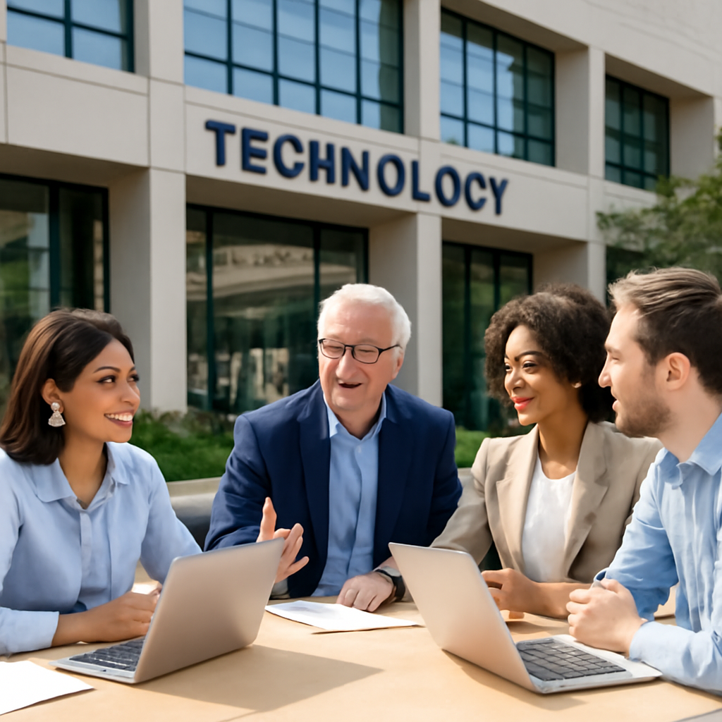 Professionals of various ages and backgrounds in a meeting with laptops and notes.