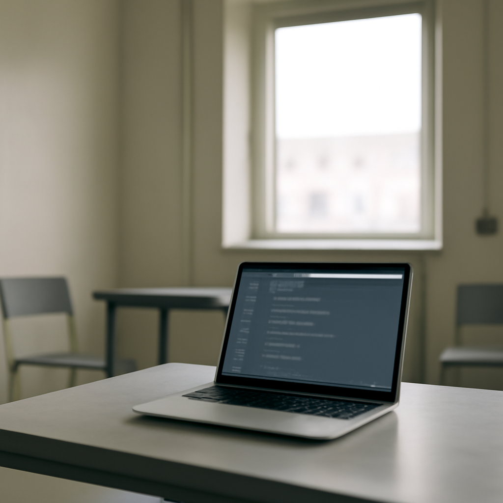 Laptop screen glows with lines of code on a plain table in a sparse room.