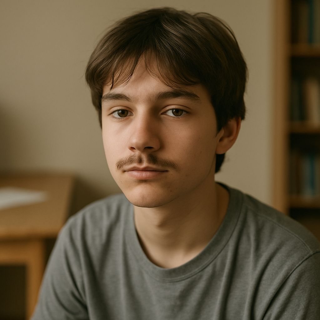 Teenager with faint, smudged mustache drawn on upper lip in casual setting.
