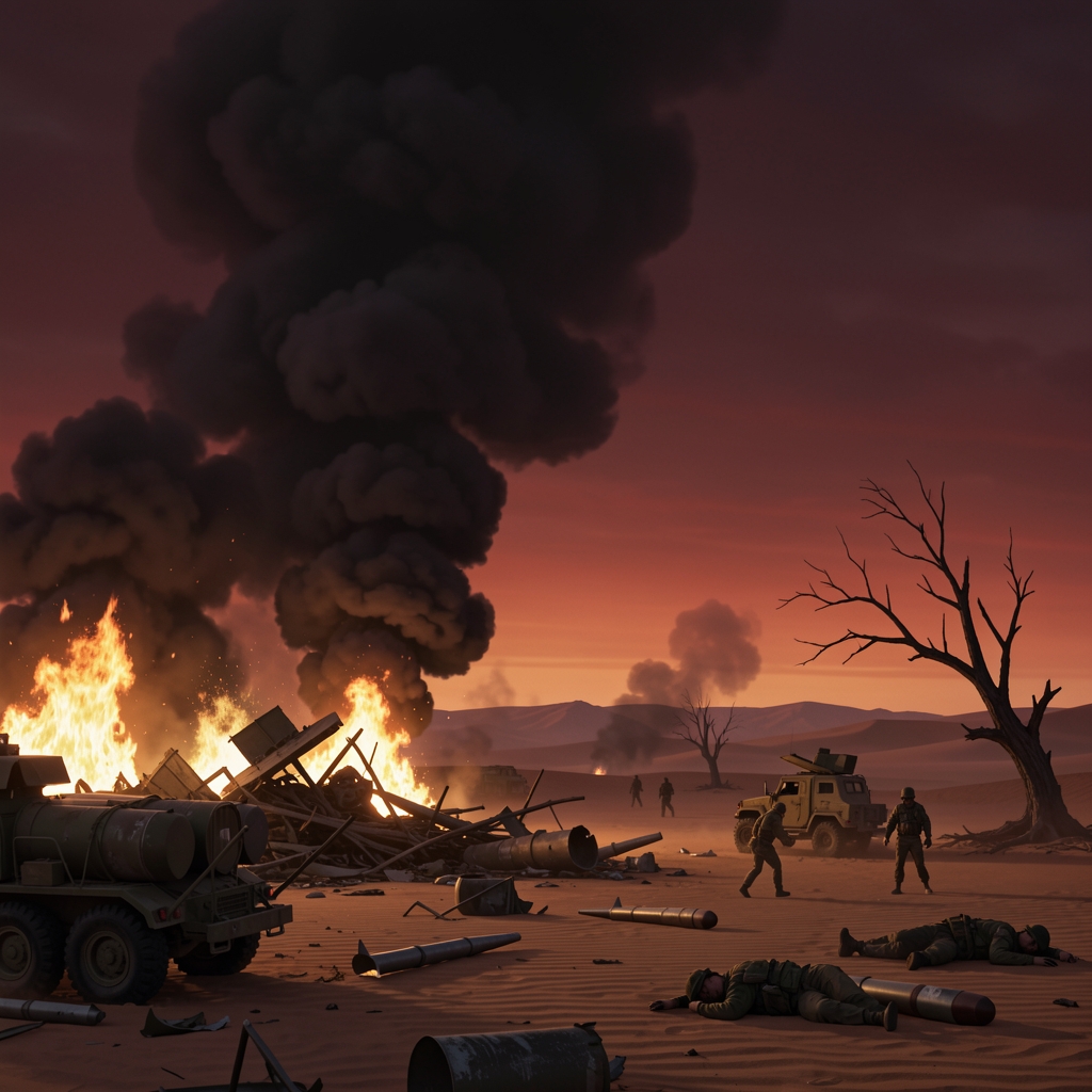 Destroyed Iranian missile convoy with burning wreckage in desert landscape at dusk.