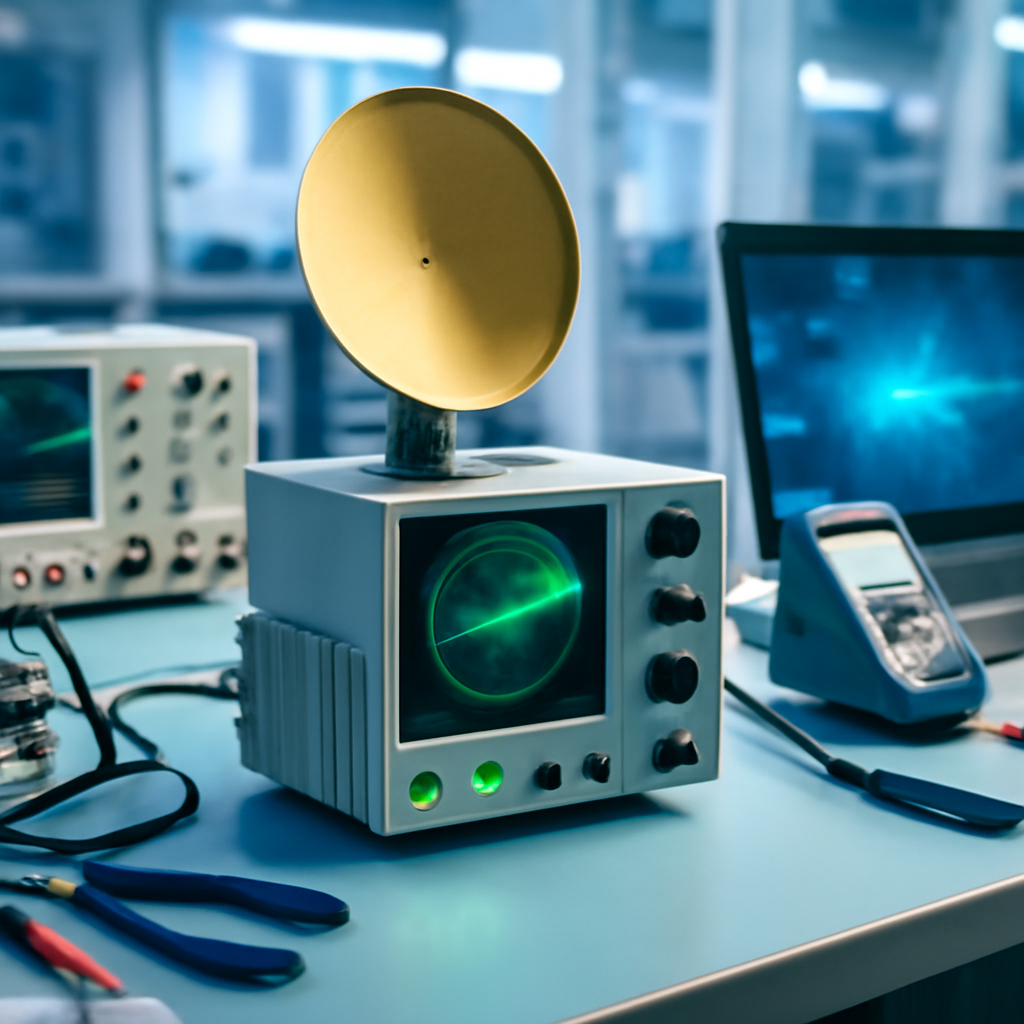 Radar system on a workbench surrounded by technical instruments and tools in a clean-room setting.