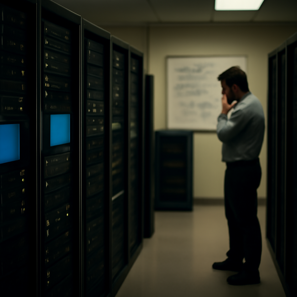 Dimly lit server room with rows of computer equipment and a blurred figure in the background.