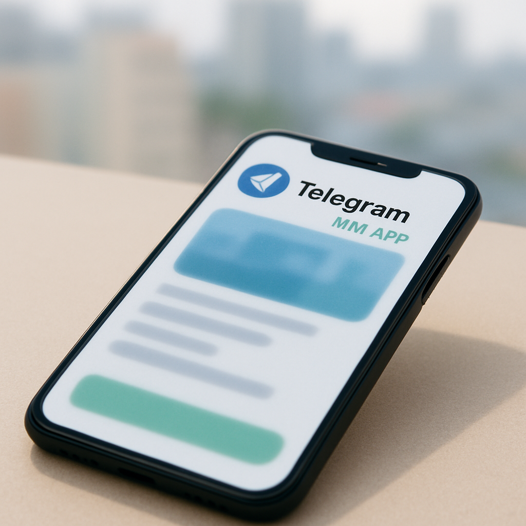 Smartphone displaying a blurred Telegram app screen on a neutral surface with a cityscape in the background.