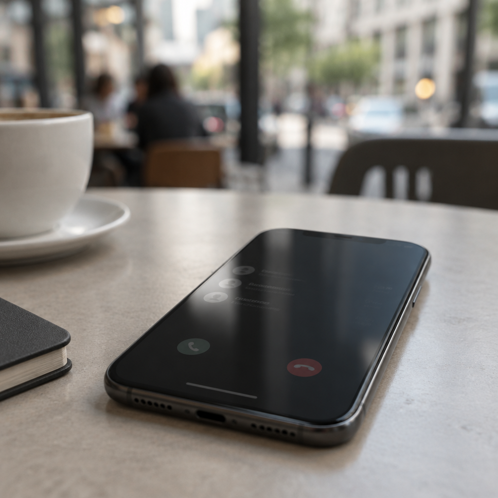 Smartphone on a neutral surface with a blurred urban background and a faint voice call interface on its screen.