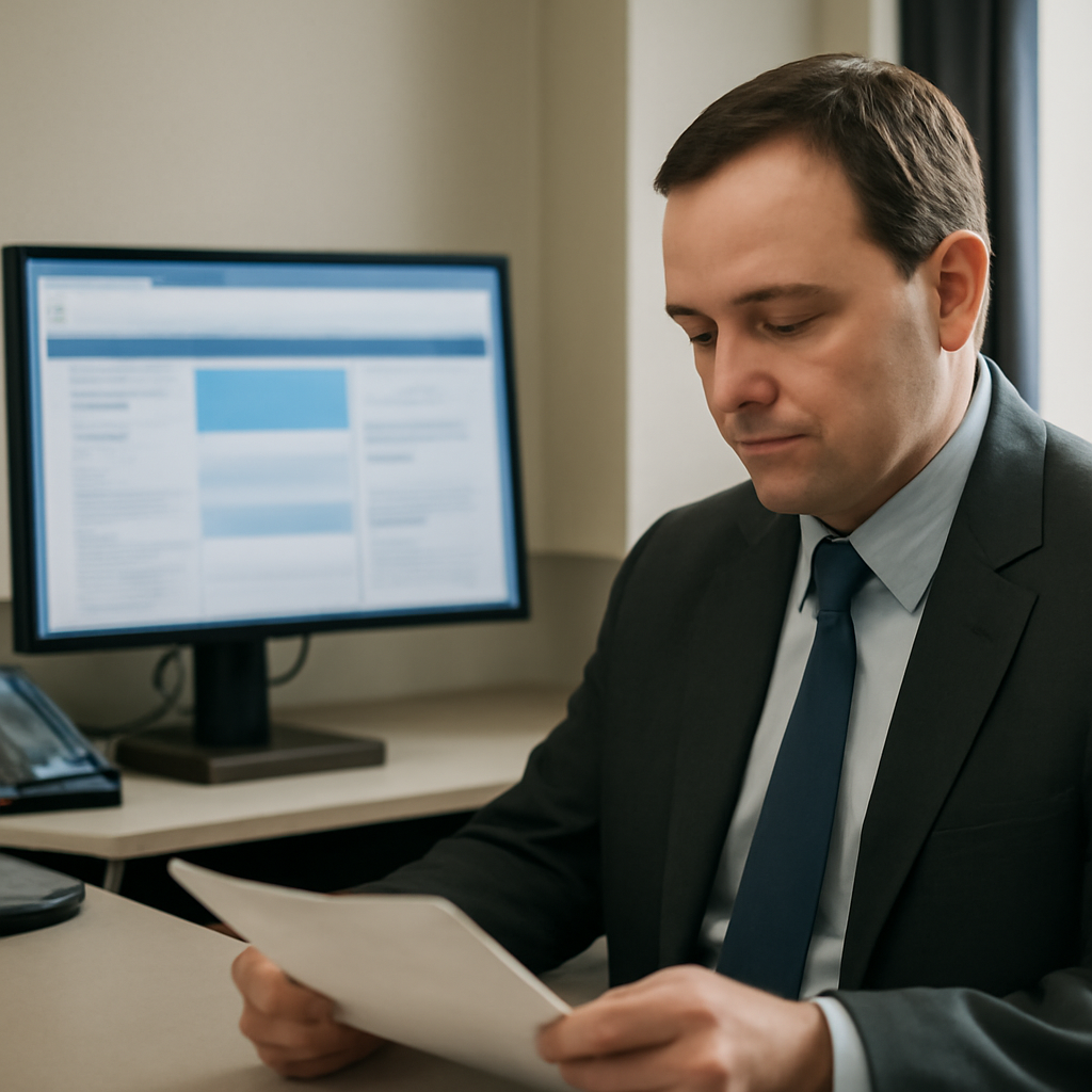 Person in professional attire sits at desk in government agency setting with computer and phone in background.