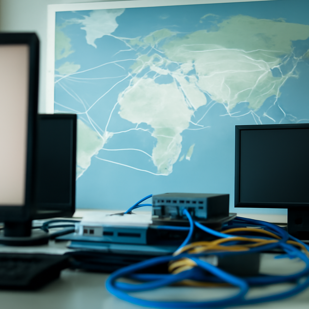 Network operations center with a large map in the background, showing global internet connectivity.