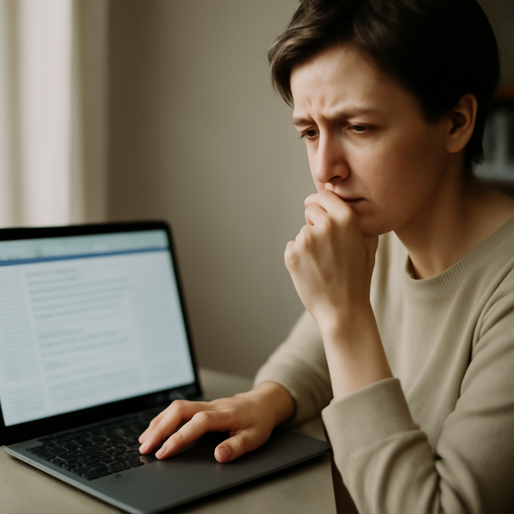 Person sitting with laptop, hands on keyboard, contemplating a blurred browser screen.