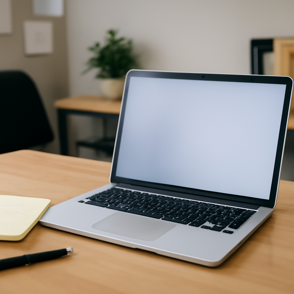 Blurred laptop screen on a home office workstation with a notepad having a faint scribble nearby.