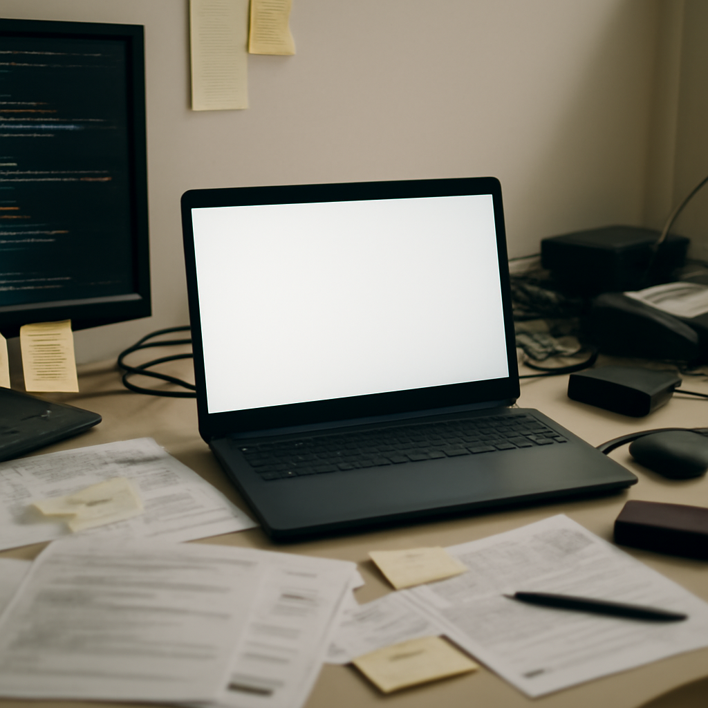 Cluttered workstation with computer and technical equipment in a neutral room.