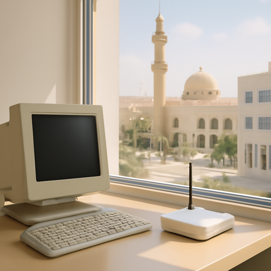 Brightly-lit Middle Eastern cityscape with subtle tech hints.