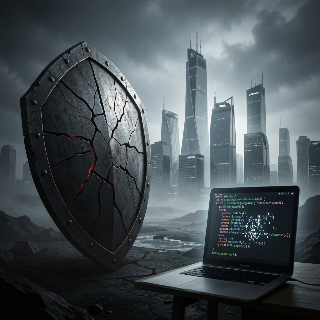 Dark digital landscape with cracked shield in foreground and misty cityscape in background, symbolizing vulnerability in…
