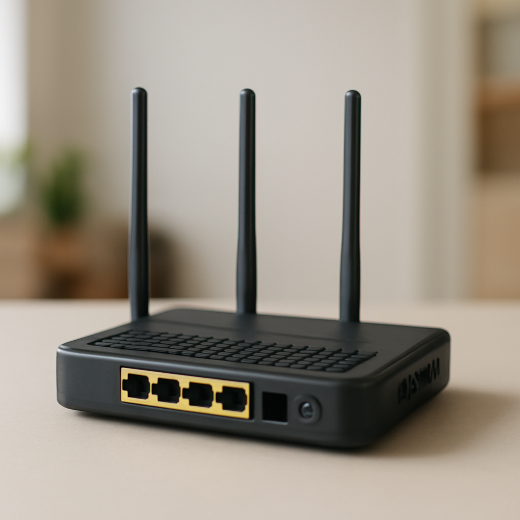 A router sits on a neutral surface, vents and ports visible, in a brightly lit home or office setting.
