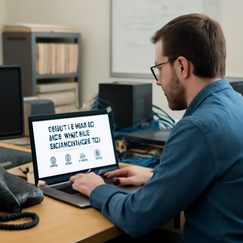 IT administrator reviews user access on laptop in modest office setting.