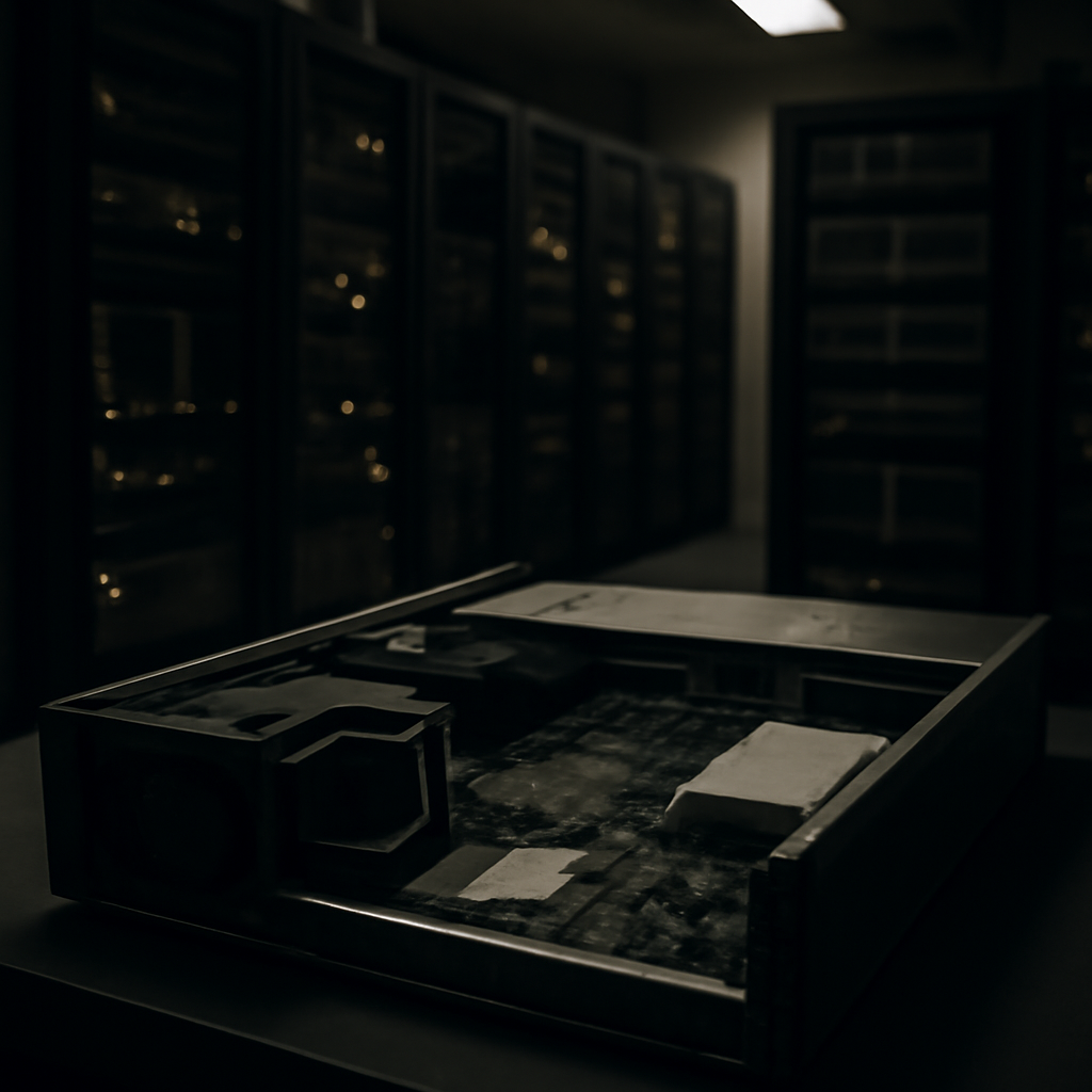 Dimly lit server room with rows of rack-mounted servers and a partially disassembled Linux server in the foreground.