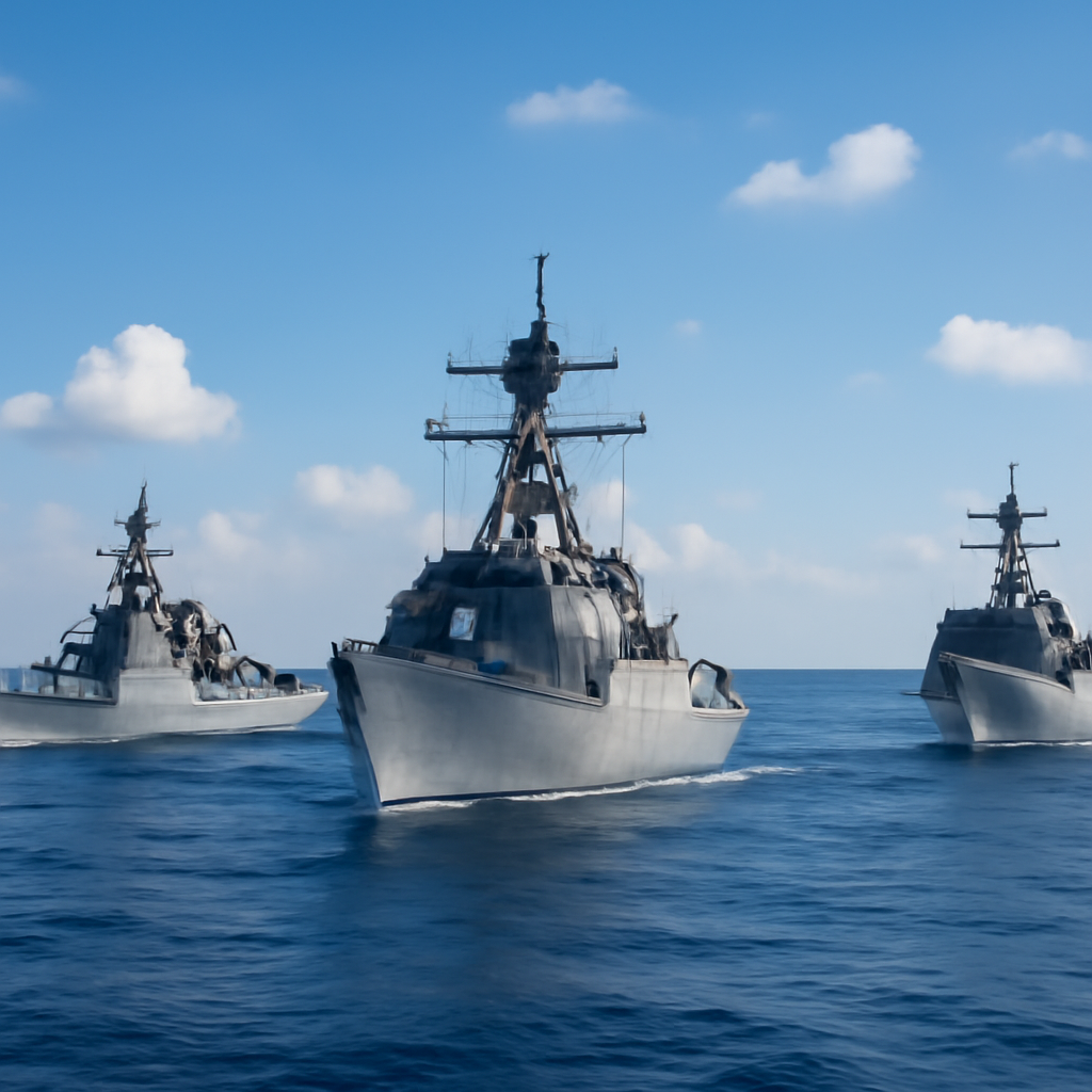 US, Japanese, and South Korean warships sail together in formation in calm ocean waters.